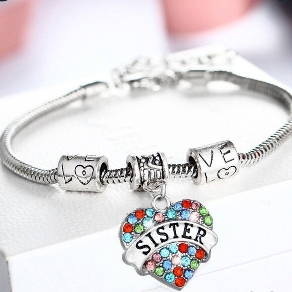 🎉🎉NEW🎉🎉 SISTER LOVE Bracelet w/ Colorful Rhinestones OS Adj Charms - Picture 1 of 3